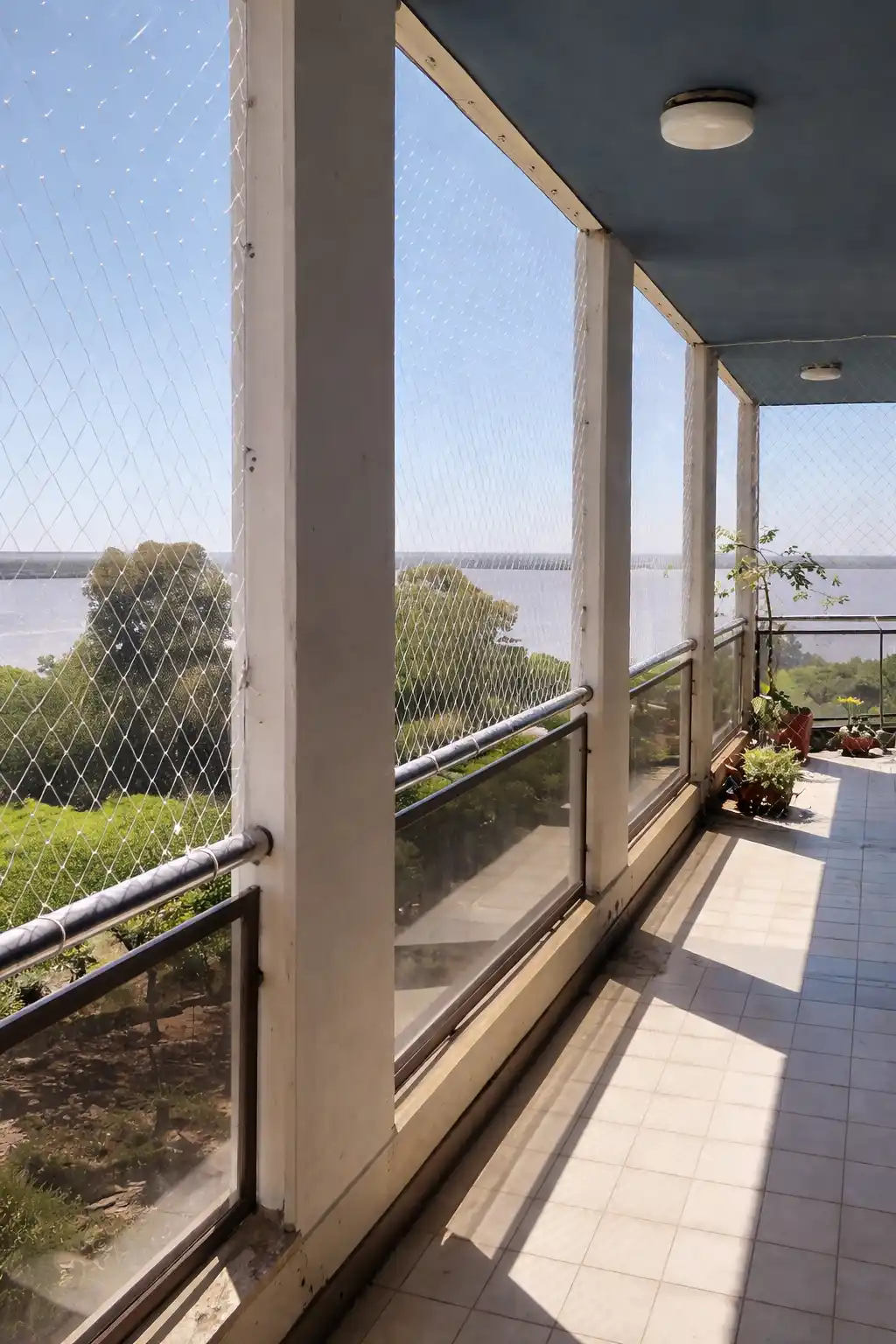 Malla de protección en balcón amplio con vista al río